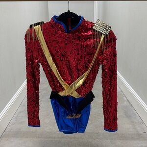 Weissman Red Sequin Costume with Blue and Gold Accents